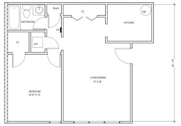 A black and white floor plan of a small apartment with a living room, kitchen, bedroom, and bathroom.