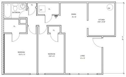 A floor plan of a house with labeled rooms and dimensions.
