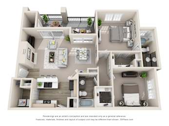 A 3D floor plan of a house with multiple rooms and furniture.