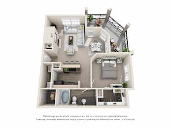 One bedroom apartment with 1 bathroom. Approximately 769 square feet. Floor plans are artist's rendering. All dimensions are approximate.