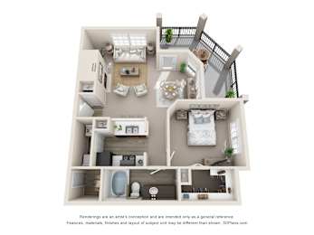 A 3D floor plan of a house with a kitchen, living room, and bathroom.