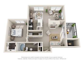 A 3D floor plan of a house with a living room, dining room, kitchen, and two bedrooms.