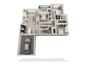 A 3D floor plan of a house with a car parked in the garage.