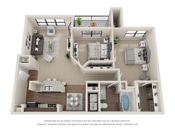 A 3D floor plan of a house with a kitchen, living room, bedrooms and bathrooms. at The Legends at Eagle Mountain Lake, Texas, 76179