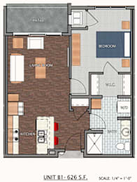 A floor plan of a one bedroom apartment with a living room, kitchen, and bathroom.