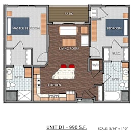 A floor plan of a unit with a kitchen, living room, bedrooms and a bathroom.