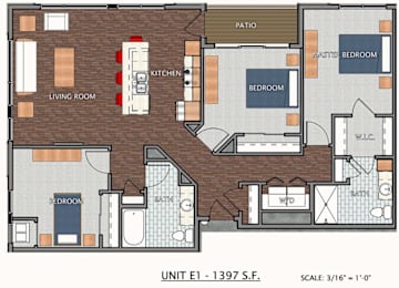 A floor plan of a small apartment with a living room, kitchen, dining room, and bedrooms.