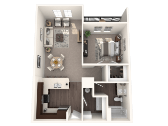 a 3d rendering of a floor plan with a bedroom and a living room