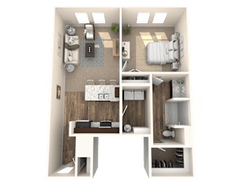 A 3D floor plan of a small apartment with a living room, kitchen, and bedroom.