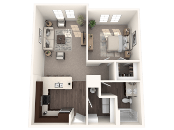 a 3d rendering of a floor plan with a bedroom and a living room