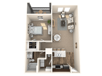 A 3D floor plan of a small apartment with a bedroom, living room, and kitchen.