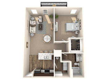 A 3D floor plan of a small apartment with a living room, kitchen, and bedroom.