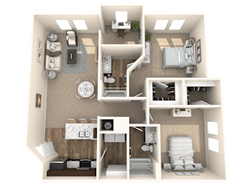 A 3D floor plan of a house with multiple rooms and furniture.