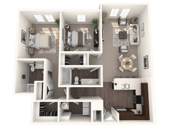 a 3d rendering of a floor plan with a bedroom and a living room