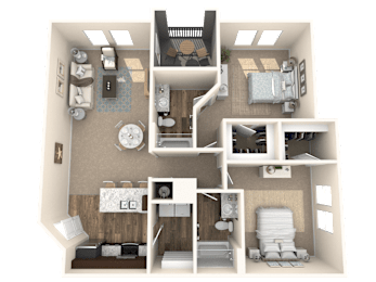 A 3D floor plan of a house with a kitchen, living room, and bedrooms.