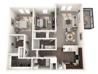a 3d rendering of a floor plan with a bedroom and a living room