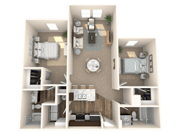 A 3D floor plan of a house showing a living room, kitchen, dining room, and bedrooms.