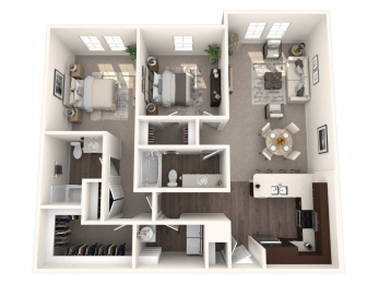 a 3d rendering of a floor plan with a bedroom and a living room