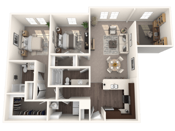 a 3d rendering of a floor plan with a bedroom and a living room