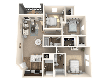 A 3D rendered image of a house layout.