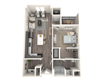 A detailed 3D floor plan of a two-bedroom apartment.