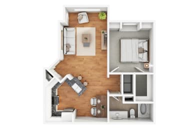 a stylized floor plan with a bedroom and a living room