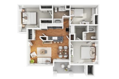 a 3d floor plan of a house with a wood floor