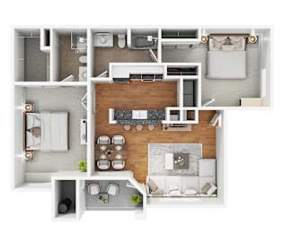 A top-down view of a modern apartment layout with a living room, kitchen, and bedrooms.