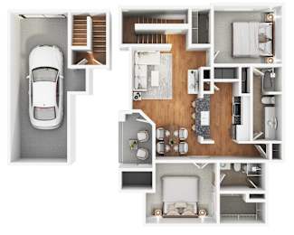 A top-down view of a house layout with a car parked in the driveway.