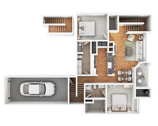 A floor plan of a house with a car parked in the garage.