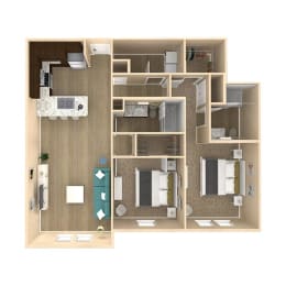 a 3d floor plan with a bedroom and a living room