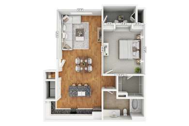 A floor plan of a small apartment with a kitchen, living room, and bathroom.