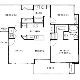 a floor plan of a house with bedrooms and baths and a courtyard