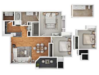 A floor plan of a house with a kitchen, living room, dining room, and bathrooms.