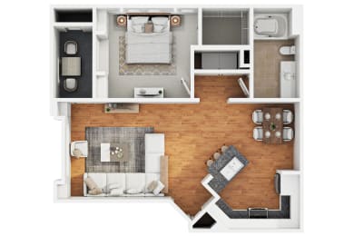 a stylized floor plan with a bedroom and a living room