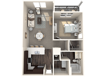 A 3D floor plan of a small apartment with a living room, kitchen, and bedroom.