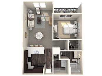 A 3D floor plan of a small apartment with a living room, kitchen, and bathroom.
