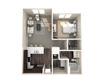 A 3D floor plan of a small apartment with a kitchen, living room, and bedroom.