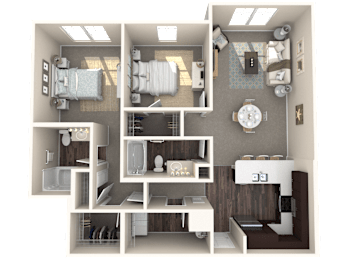 A 3D floor plan of a small apartment with a bedroom, living room, kitchen, and bathroom.