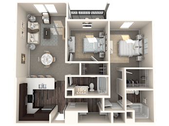 A 3D floor plan of a house showing a living room, kitchen, and two bedrooms.