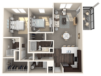 A 3D rendered image of a house layout.