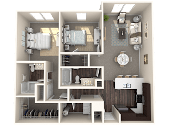 A 3D floor plan of a house with a kitchen, living room, and bedrooms.
