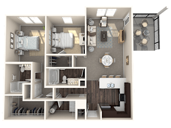 A 3D floor plan of a house showing a kitchen, living room, and bedrooms.