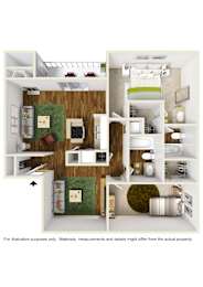 3D rendering of D9 floor plan furnished at Windridge on the Parkway in Dallas, TX