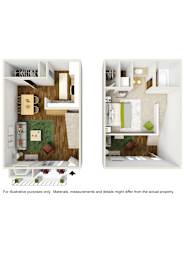 3D rendering of T2 floor plan furnished at Windridge on the Parkway in Dallas, TX