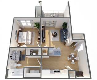 A 3D floor plan of a house showing a kitchen, living room, and two bedrooms.