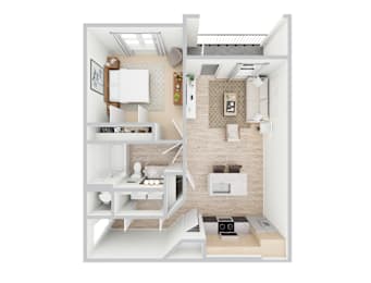 3d rendering of A1 floor plan, 1 bed, 1 bath, 732 sqft, at Whispering Pines at Westdale Hills in Euless, TX