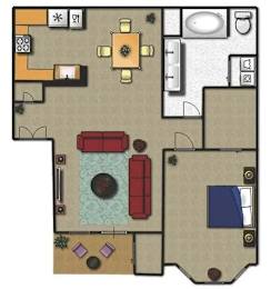 A floor plan of a house with a kitchen, living room, and bathroom.