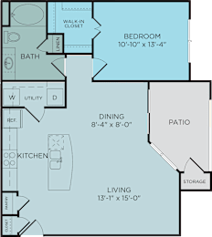 A2 floor plan, 1bed 1 bath and 830 square feet. Hilltops in Conroe, TX
