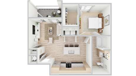 3D rendering of A2 floor plan, 1 bed, 1 bath, 798-863 sqft at Whispering Pines at Westdale Hills in Euless, TX